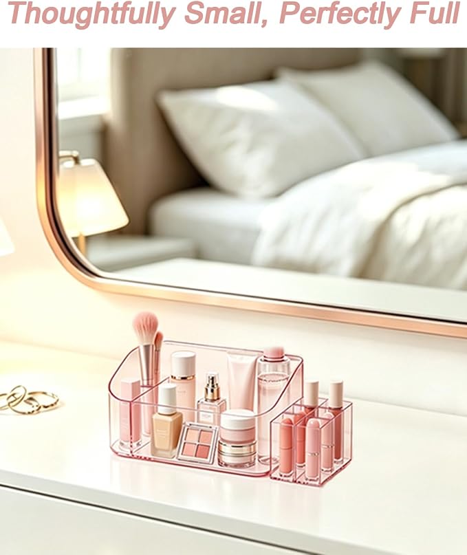 Makeup Tray Holder Organizer Cosmetic Display Case Tabletop Desktop Vanity Countertop Bathroom Wall Cabinet Medicine Storage Box 9 Dividers 2 Removable Women Ladies Girls Gifts Crystal Pink 1 PACK