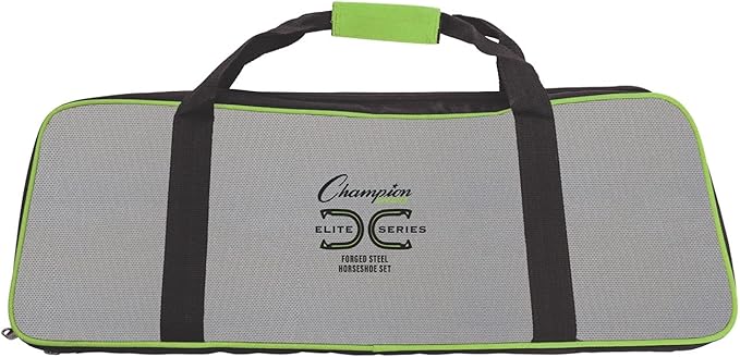 Champion Sports Horseshoe Set: Traditional Outdoor Lawn Game includes Four Professional Solid Steel Horseshoes with Solid Steel Stakes & Carrying Storage Case
