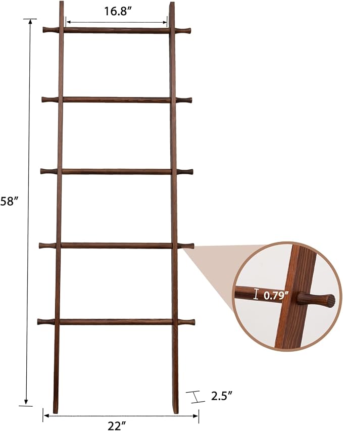 Blanket Ladder, 5-Tier Wooden Quilt Stand, Decorative Ladder Shelf, Farmhouse Ladder Blanket Holder, Wall Leaning Towel Storage Rack for Living Room, Brown