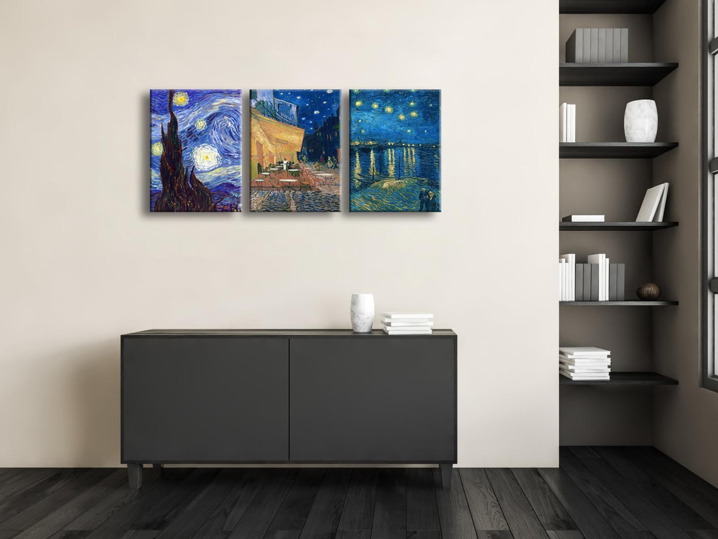 Wieco Art 3 Panels Canvas Prints of Vincent Van Gogh Paintings Reproduction Starry Night Over the Rhone Cafe Terrace at Night Canvas Wall Art for Living Room Home Office Decor