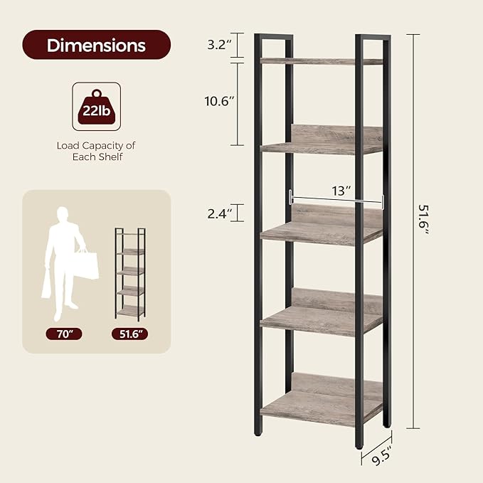 MAHANCRIS 5-Tier Bookshelf, Bookcase, Shelves Organizer for Small Spaces, Storage Shelf Organizer, for Living Room, Bedroom, Study, Balcony, Greige and Black BKHG5501
