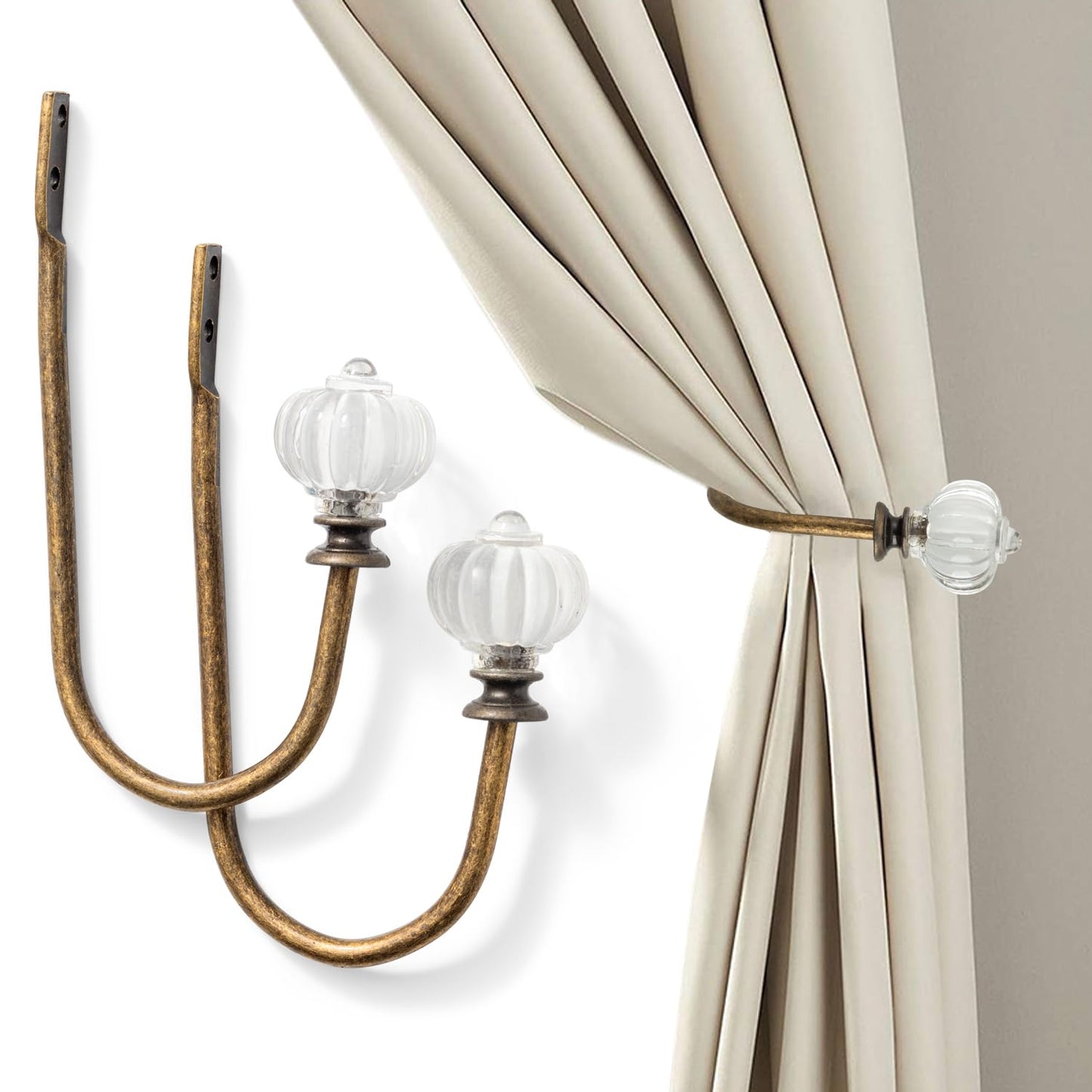 Vintage Curtain Holdbacks 2Pcs - Pumpkin Shaped, Metal Curtain Side Holders for Wall, Small Drapes Pull Backs Hook, Window Drapery Tie Backs Wall Mounted, Curtain Hardware Accessories