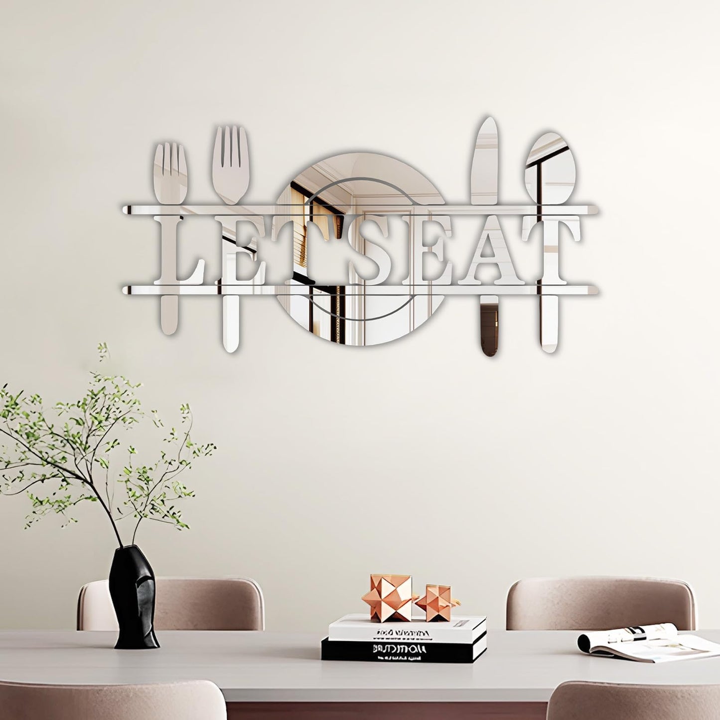 Doeean Let's Eat Wall Decor Letter Signs Acrylic Mirror Wall Decals Decorations Stickers for Kitchen or Dining Room (Silver 26.3 X 13.2)