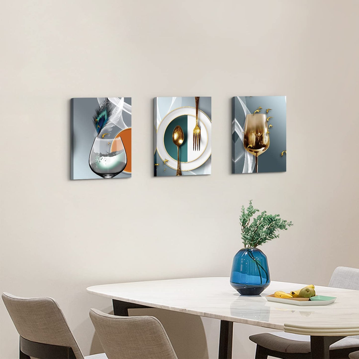 Dining Room Wall Art Set of 3 Teal Gold Wine Glass Wall Art Modern Abstract Wine Pictures Wall Decor Kitchen Tableware Canvas Wall Art Gray Gold Dining Room Wall Decor Kitchen Home Decoration 12x16"