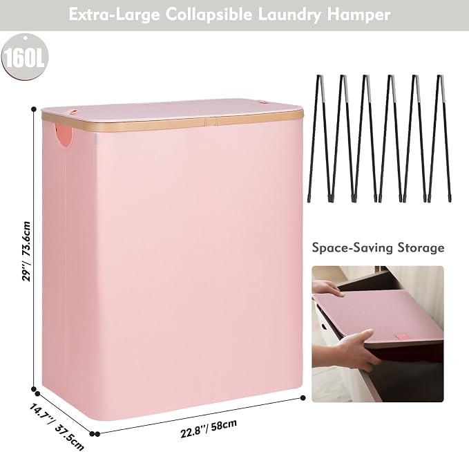 DOKEHOM 160L Extra Large Laundry Hamper with Lid, 2-Section Double Laundry Basket with Removable Mesh Liner Bags, Collapsible Clothes Sorter for Family, Bedroom, Laundry Room, Pink