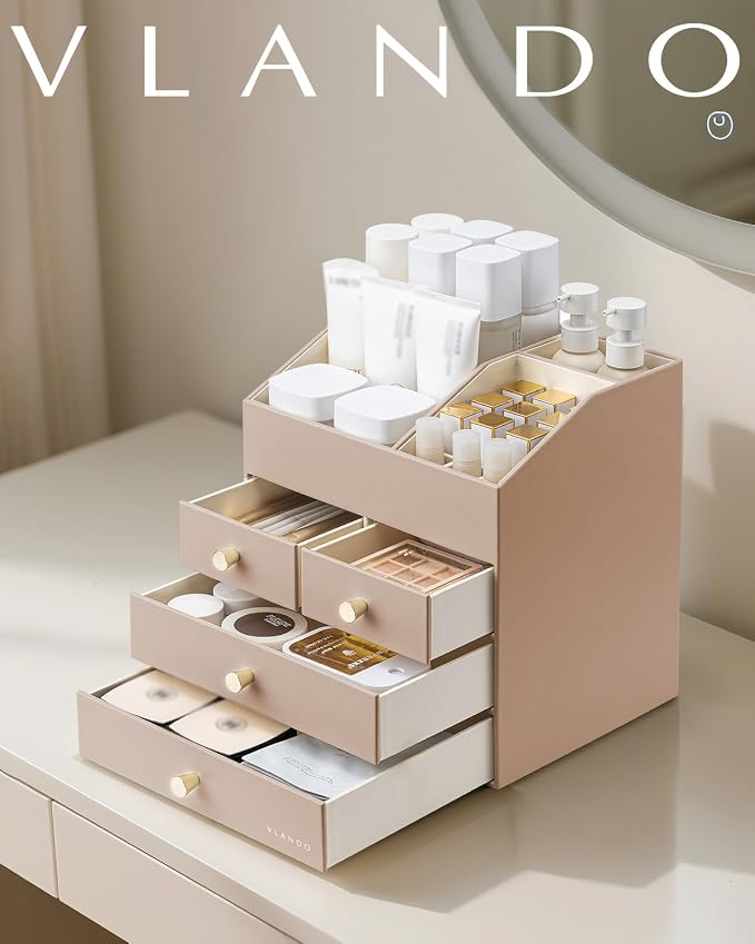 VLANDO Makeup Organzier,Vanity Organizer with Drawers, PU Leather Skincare Organizer Perfume Organizer,Large Cosmetic Display Case for Lipstick,Brushes Gifts for Women, Toffee, 4 Layer