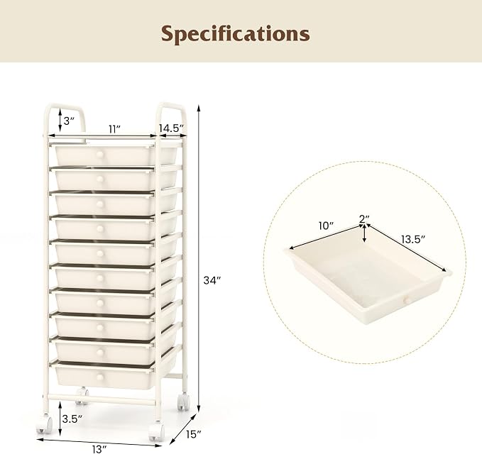 Giantex 10-Drawer Storage Cart w/Universal Wheel, Rolling Cart w/Handle, Home Organizer Storage Unit w/Removable Drawers, Trolley Utility Cart for Kitchen Makeup Living Room Office Play Room, Ivory