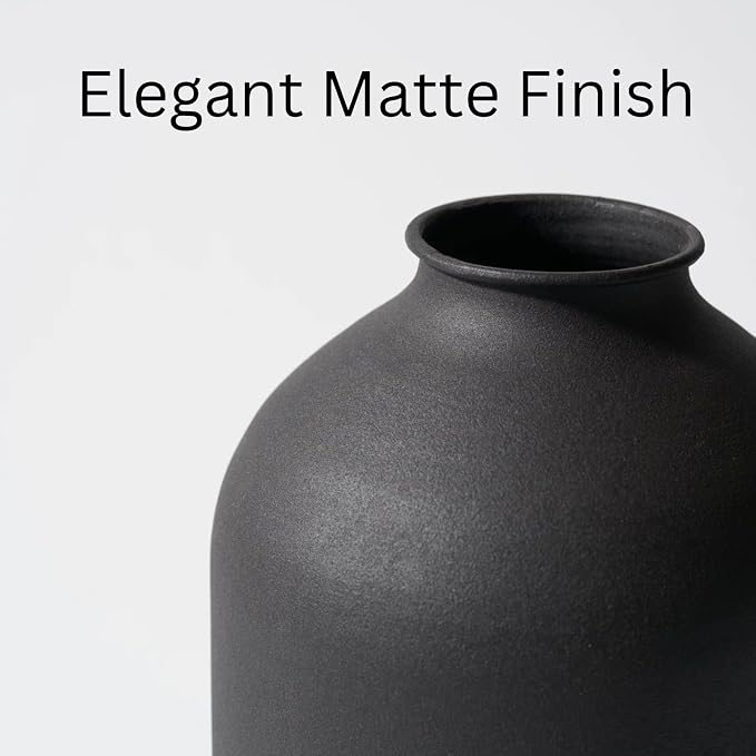 Large Black Vase for Flowers Decor Living Room - 8.6in Tall, Matte Black Arlo Vase for Dining Coffee Table Centerpieces, Wabi Sabi Decor, Big Decorative Modern