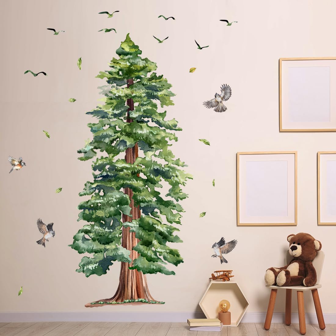 Large Tree Wall Sticker 4 Sheets Green Pine Tree Wall Decal Peel and Stick Bird Wall Art Decor 3D Woodland Animals Wall Stickers for Living Room
