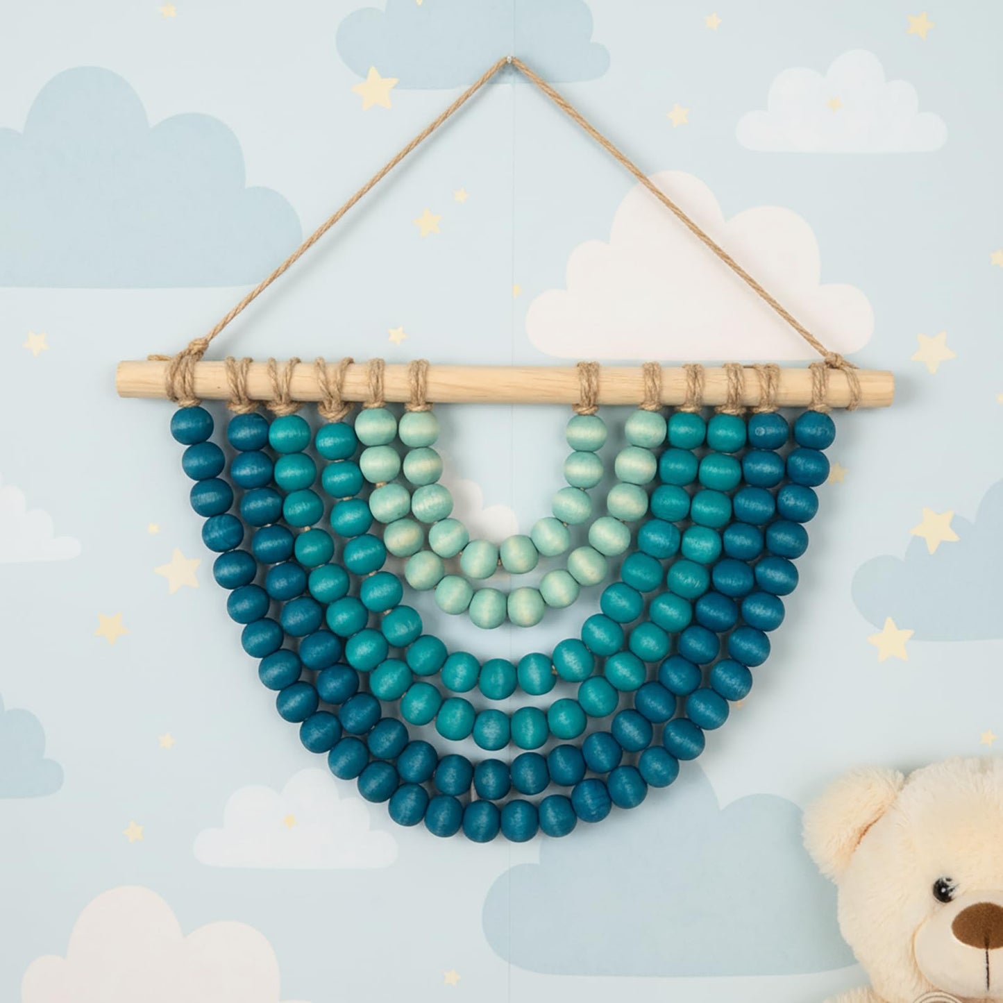 Fenisam Boho Chic Wooden Bead Garland Wall Hanging Tapestry, Natural-Inspired Home Decor for Living Room, Bedroom, Entryway, Nursery, Apartment & Dorm (Coastal Breeze Gradient, 12 Inches)