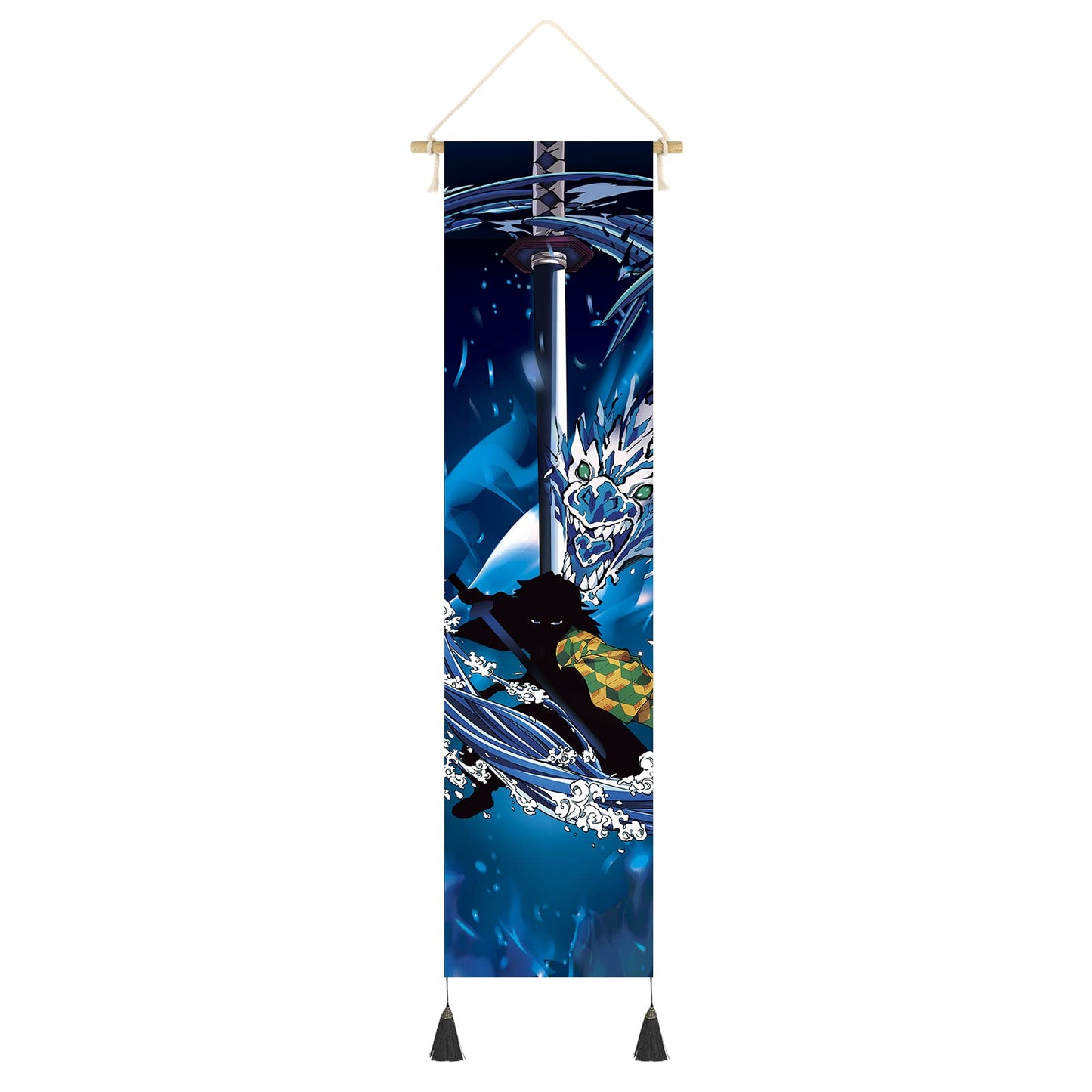 Hanging Poster Canvas Wall Art Painting Anime Characters Silhouette Effect Wall Tapestry With 2 Tassels And Wooden Hanging Rod Wall Decor Tapestry Decoration For Room (Dragon-Sword-Style2)