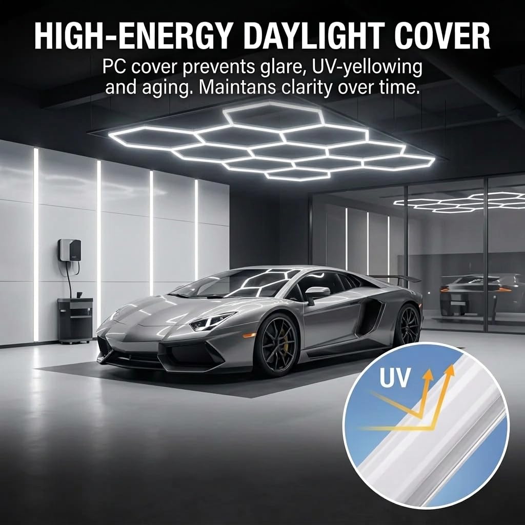 Hexagon Garage Lights LED Ceiling Light, 11 Cells Modular Honeycomb Garage Lighting, 46 LEDs Splicing Ceiling Lamp, Super Bright DIY Light Fixture for Workshop Warehouse, 6500K White
