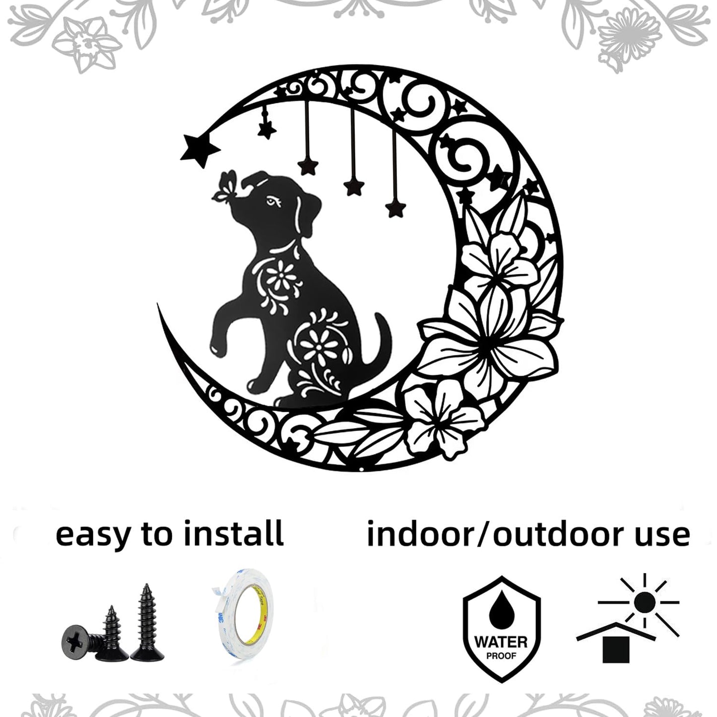 Gemseek Cute Black Metal Dog Wall Decor, 12 Inch Moon Dog Wall Art Hanging Sculpture for Living Room Bedroom Bathroom Decoration Home Accents Dog Lovers Gift