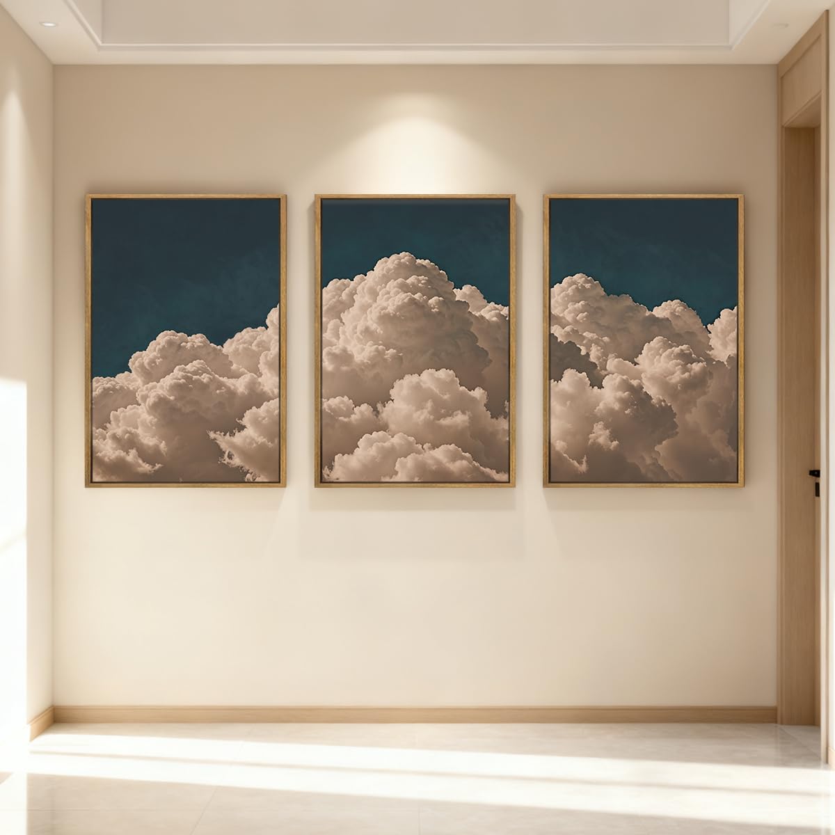 IARTTOP Large Framed Cloud Blue Wall Art 16x24 Inch Navy Cloud Canvas Painting Modern Abstract Sky Landscape Wall Decor for Living Room Bedroom Dining room Set of 3