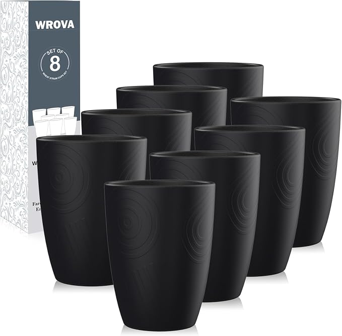 Wrova Wheat Straw Cups 8 PCS Good Alternative to Plastic Reusable Cups 12 oz Unbreakable Drinking Cup Reusable Dishwasher Safe Water Plastic Glasses Pure Black