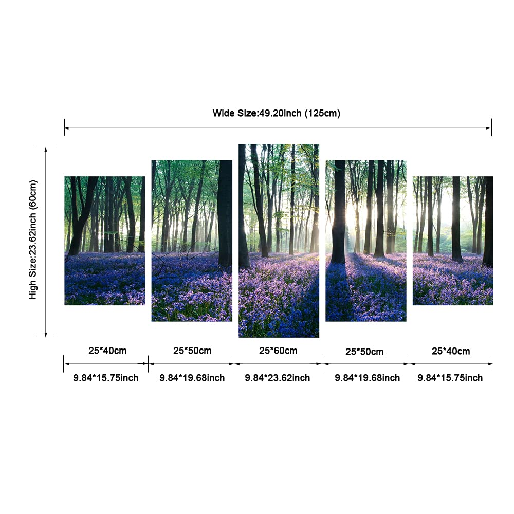 Pyradecor Early Morning Lavender Canvas Prints Wall Art Purple Floral Pictures Paintings for Bedroom Kitchen Bathroom Home Decor Modern 5 panels Stretched Flowers Landscape Artwork