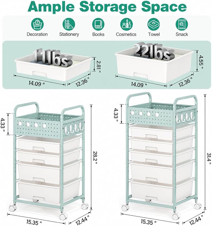 5 Drawer Rolling Storage Cart with Pegboard Top and Hooks, Mobile Utility Organizer with Wheels for Office Supplies, Craft Storage, Classroom Organization, Home Storage Cart, Green