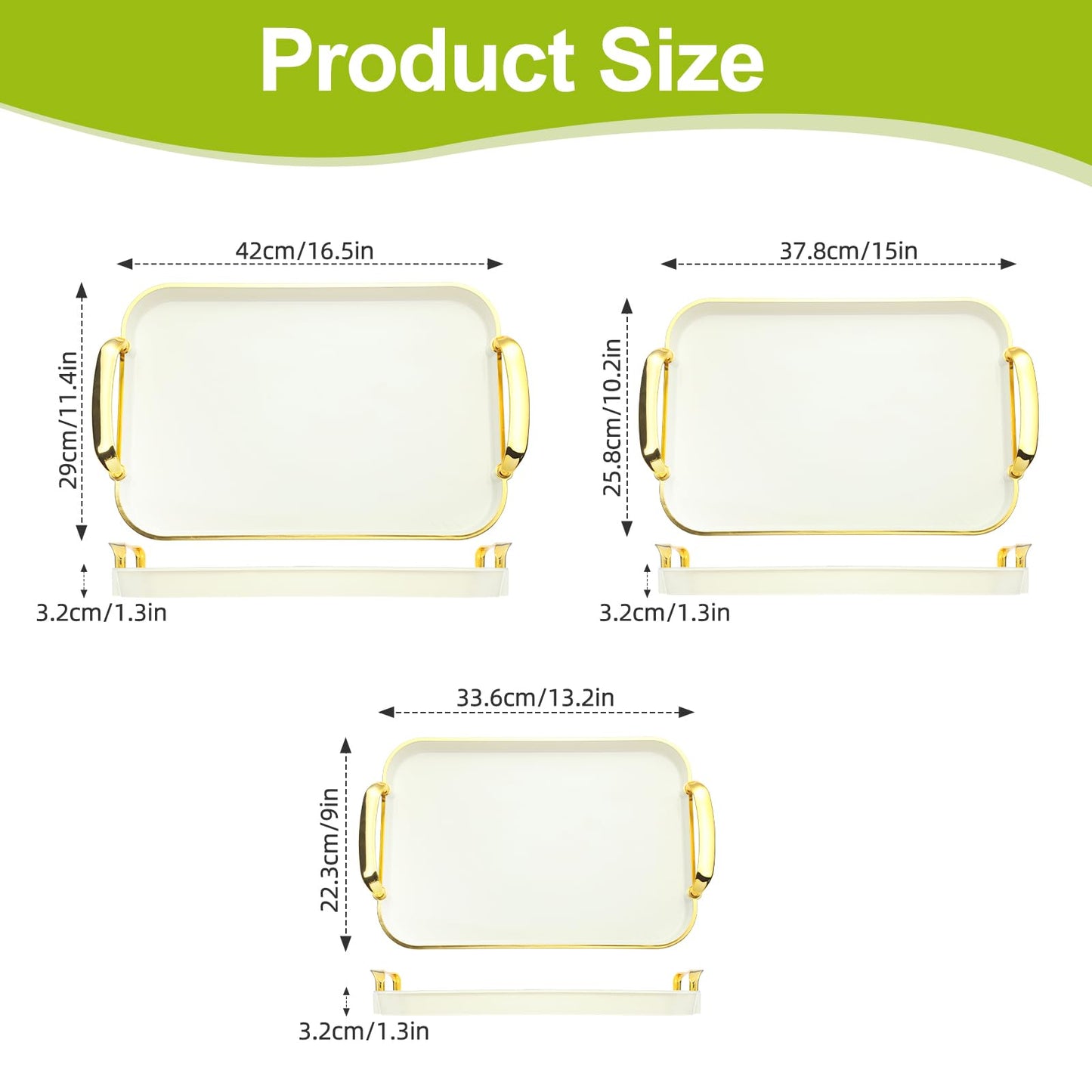 Zufudo 3 Pack Serving Tray with Handles, Stackable Reusable Trays for Serving Food, Plastic Serving Platters for Party, Charcuterie, Fruit, Appetizer, Cream Gold