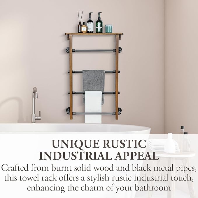 MyGift 4-Tier Wall Mounted Towel Rack Ladder with Top Storage Shelf, Rustic Burnt Solid Wood Hanging Towel Holder with 4 Black Industrial Metal Pipe Rungs Bar Design
