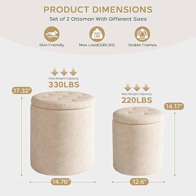 oakvivo Faux Leather Round Ottoman with Storage 12.6" W x 14.17" H & 14.76" W x 17.32" H Set of 2, Small Boucle Coffee Table Footstool with Removable Lid for Living Room, Bedroom, Beige