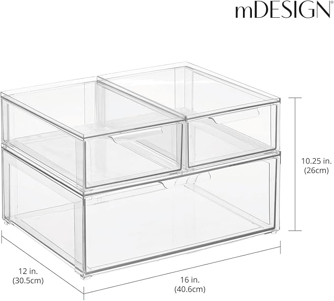 mDesign Plastic Stackable Bathroom Storage Organizer Bin Containers with Front Pull Drawer for Bathroom Countertop, Vanity, Closet Shelves - Holder for Accessories, Lumiere Collection, Set of 3, Clear