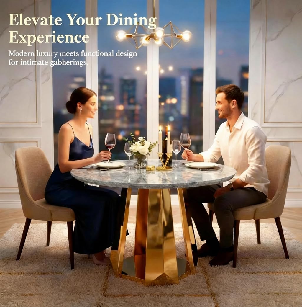 Glyph Form Round Faux Marble 47" Dining Table for 4-6, Luxury Gold Kitchen Table with Stainless Steel Base, Easy to Clean & Heavy Duty Modern Dining Room Table for Home Office,Grey, MDF(Table Only)