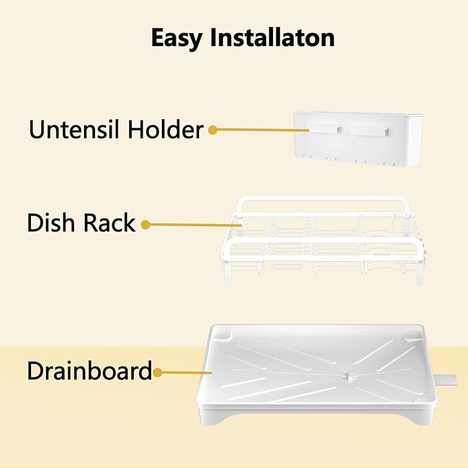 LIYI Dish Drying Rack for Kitchen Counter - Kitchen Dish Rack with Drainboard, Small Dish Drainer with Utensil Holder for Sink, 16.5" D x 11.6" W x 6.6" H, White