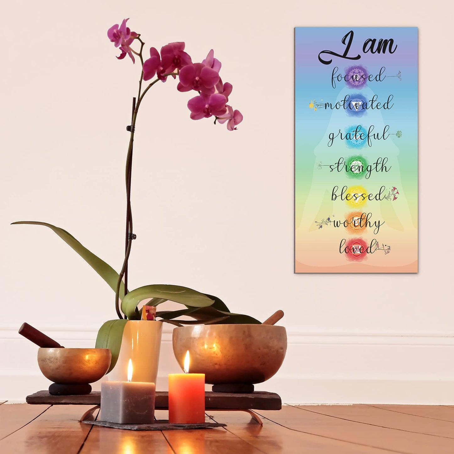 Blulu Chakra Quotes Sign Buddha Wall Decor Yoga Zen Wall Art Wooden Spiritual Decor 7 Chakra Hanging Motivational Meditation Buddhism Spa Room Sign for Yoga Living Room Bedroom Bathroom(Love Style)