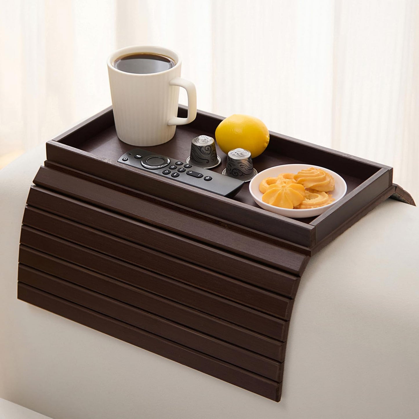 Bamboo Couch Arm Tray Table，Foldable Sofa Armrest Tray Table for Couch，Flexible and Anti-Slip Couch Arm Cup Holder，Portable Sofa Arm Chair Table for Drink,Cups, Eats，Snacks, Phone, Remote