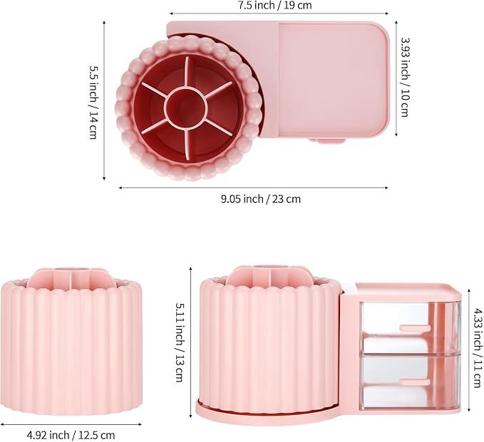 360 Rotating Makeup Organizer Countertop with 2 Drawers, Makeup Brush Holder, Small Preppy Organizer, 9.25x5.11 Inch, Pink