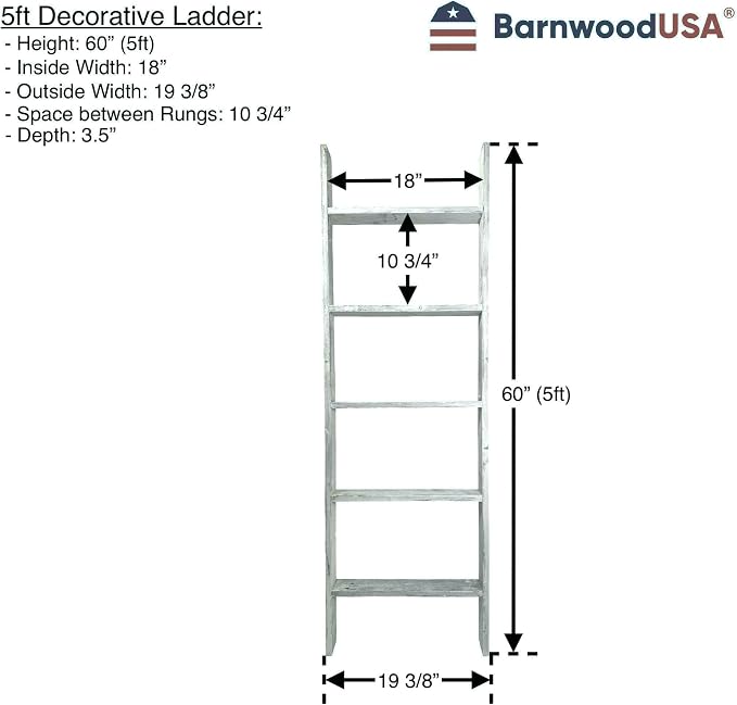 BARNWOODUSA Throw Blanket Ladder – Fully Assembled Reclaimed Wood – Rustic Decorative Ladder for Towels, Quilts, & More – Perfect Farmhouse Decor for Bathroom, Porch, or Living Room,5' x 18" White