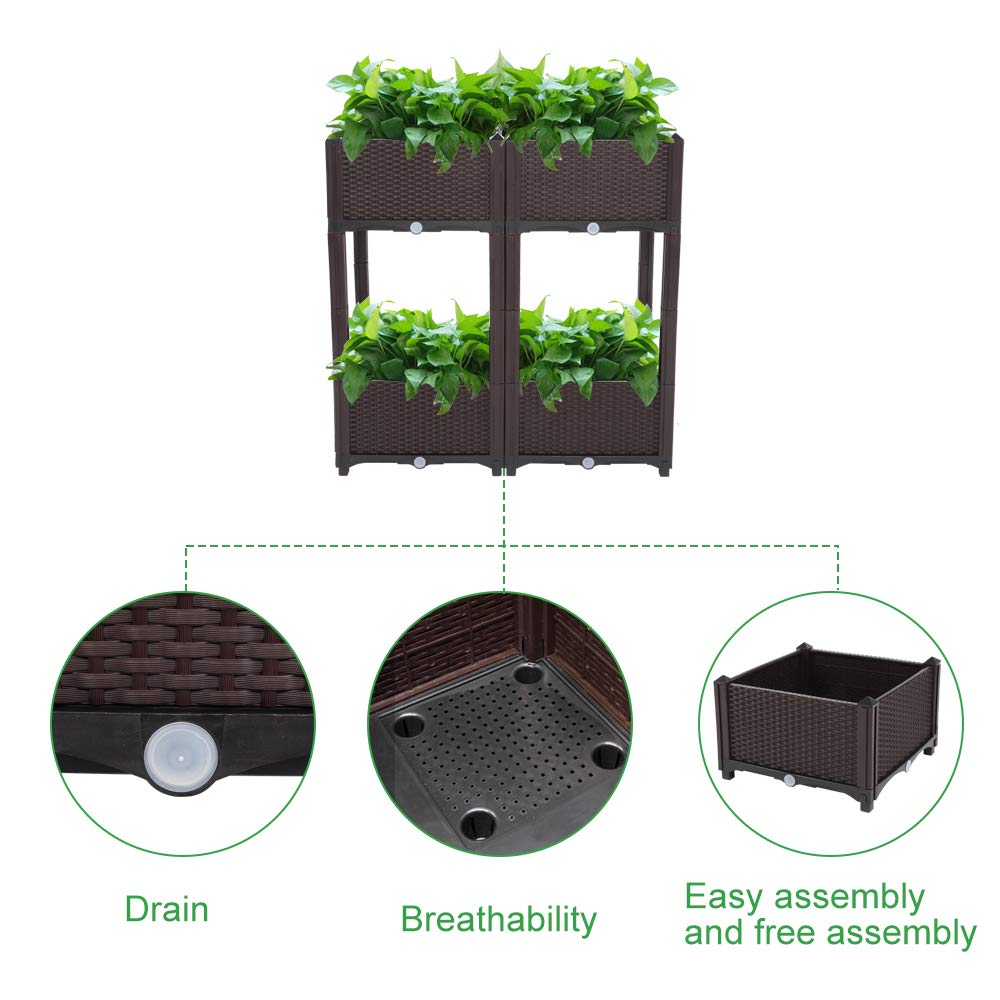 Planter Raised Beds Kits Set of 4, Plastic Elevated Garden beds with Brackets for Flowers Vegetables, Outdoor Indoor Planting Box Container for Garden Patio Balcony Restaurant, Easy Assembly (Brown)