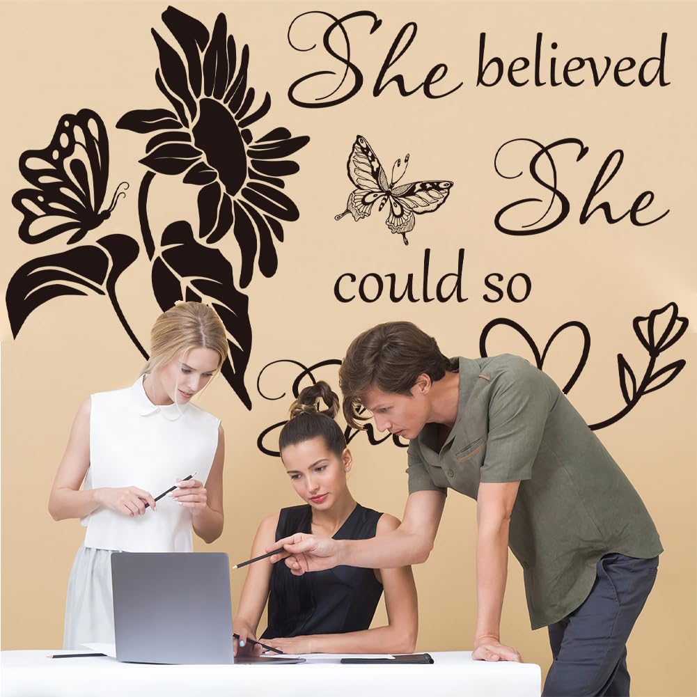 Inspirational Wall Decal Quotes Flower Wall Stickers Positive Word Letter Decals She Believe She Could So She Did Wall Art Positive Sayings Sticker for Women Girls Bedroom Living Room Decor.