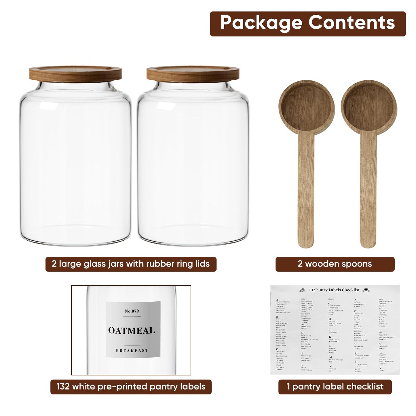 Yirilan 2 PCS Flour Sugar Storage Containers Glass Jar, 4000ml/1 Gallon/4.2 Qt/135oz,Large Glass Food Storage Jars with Wood Airtight Lids,for Tea,Spice,Cereal Rice Flour Pasta Sugar