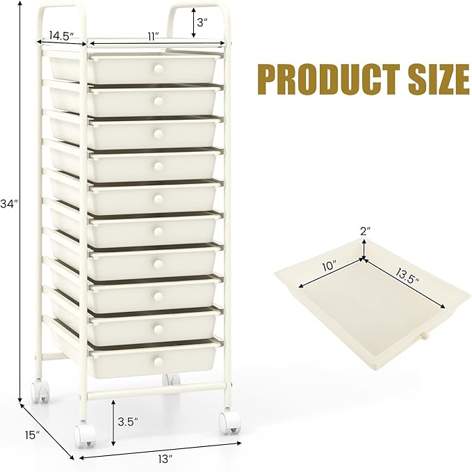 MEDIMALL 10 Drawers Rolling Storage Cart, Multipurpose Craft Storage Cart with Wheels, Mobile Tools Scrapbook Paper Organizer Cart for Office School Home Use