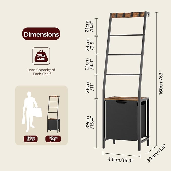 MAHANCRIS Blanket Ladder, 4-Tier Towel Rack with Pull-Out Laundry Basket & Removable Hooks, Ladder Shelf Stand, Wall-Leaning Blanket Rack for Living Room, Bedroom, Rustic Brown and Black TRHR4401