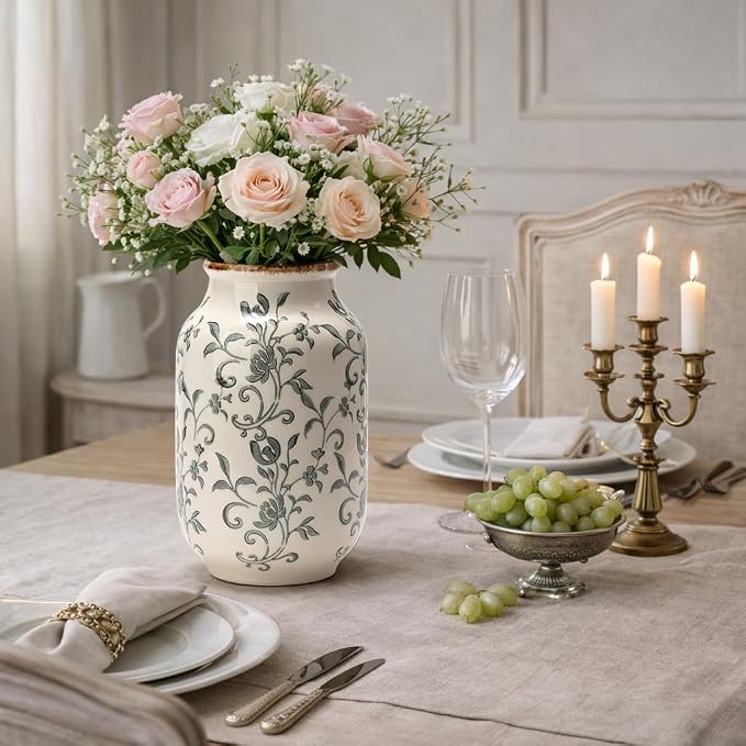 SIDUCAL Ceramic Vintage Vase, 8.78 Inch Chinoiserie Floral Vase, Retro Ice Cracked Rustic Farmhouse Vases for Home Decor, Living Room, Bookshelf, Office, Tuscan Decor, Gray Floral Pattern