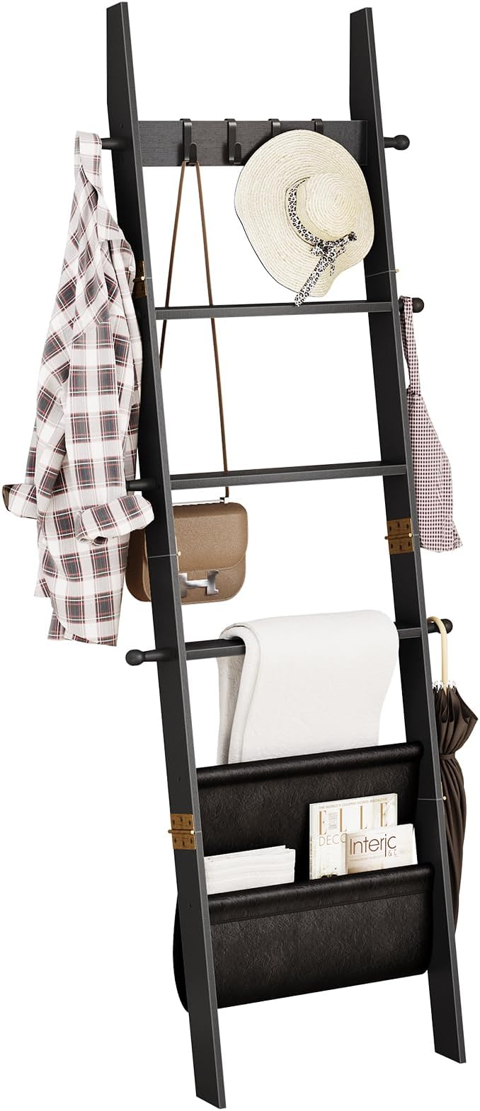 ELYKEN Blanket Ladder for Living Room, 5-Tier Wooden Towel Rack with Synthetic Leather Pocket, 4 Removable Hooks, Decorative Leaning Ladder Shelf for Bedroom, Black