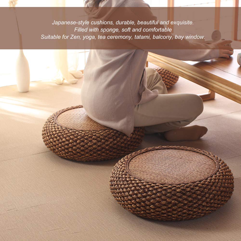 Fnskatzici Japanese Style Rattan Floor Cushion - 6.7" Thick Hand-Woven Straw Tatami Floor Pillow & Meditation Seat - Round Pouf Ottoman with Sponge Filling for Yoga, Zen Room, Balcony (15.7 Inch)