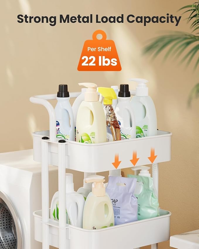 Pipishell 4 Tier Rolling Cart, Metal Utility Cart with Wheels and Handle, Rolling Storage Cart for Nursery Room, Living Room, Painting Room, Office and Kitchen, White
