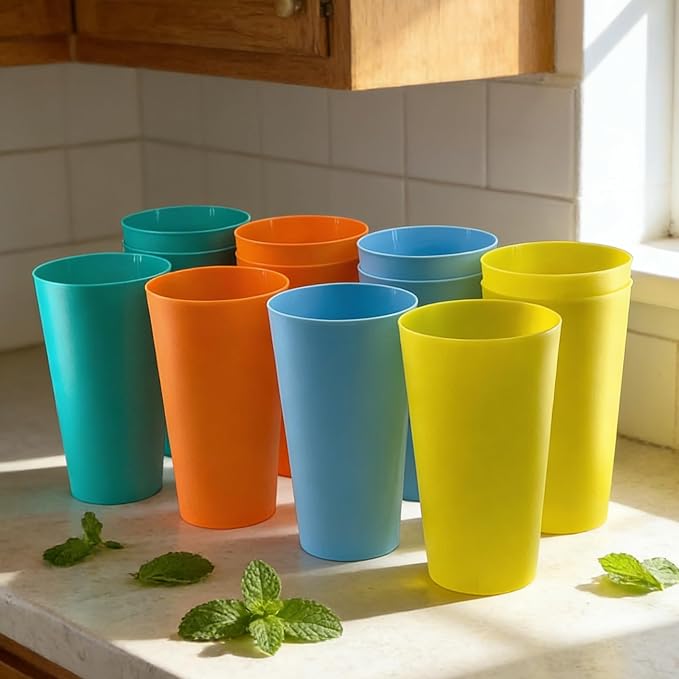 AOYITE 32-ounce Plastic Tumblers Reusable Dishwasher Safe BPA Free Large Drinking Cups Set of 12 For Kids Women Men Use(Multicolor)