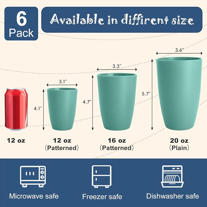 20 OZ Large Wheat Straw Cups Set of 6, Unbreakable Reusable Plastic Cup Alternative, Dishwasher Safe Drinking Cups & Tumblers for Kitchen, Outdoor, Green