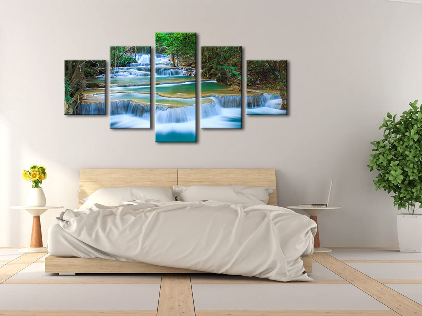 Wieco Art Peaceful Waterfall 5 Panels Large Canvas Paintings Wall Art Modern Gallery Wrapped Landscape Forest Giclee Canvas Print Artwork Photo Pictures for Living Room Bedroom Home Decorations L