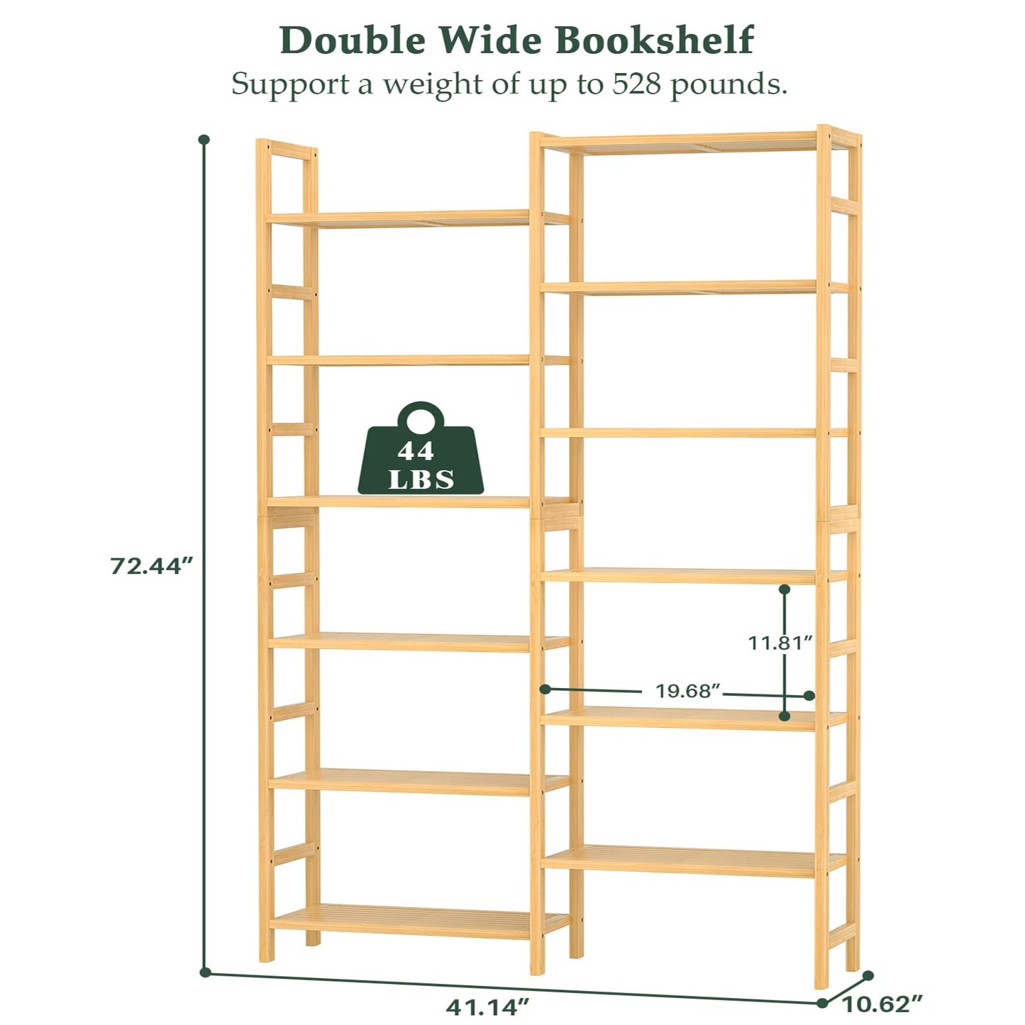 Homykic Double Wide Bamboo Bookshelf, 6-Tier Large Open Bookcase with 12 Display Shelves, 6ft Tall Freestanding Book Shelf for Home Office, Bedroom, Living Room, Plants, Natural