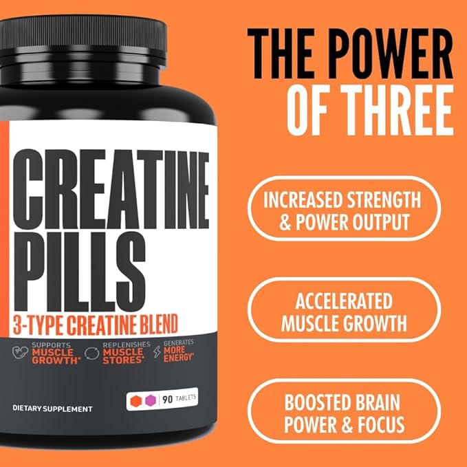 Crazy Muscle, Creatine Pills, 5g 3X Pure Creatine Monohydrate, Pre Workout Bulk Muscle Mass Gainer, High Absorption Easy to Take ThreeAtine 3 Type Optimum Performance for Lean Growth Men Women