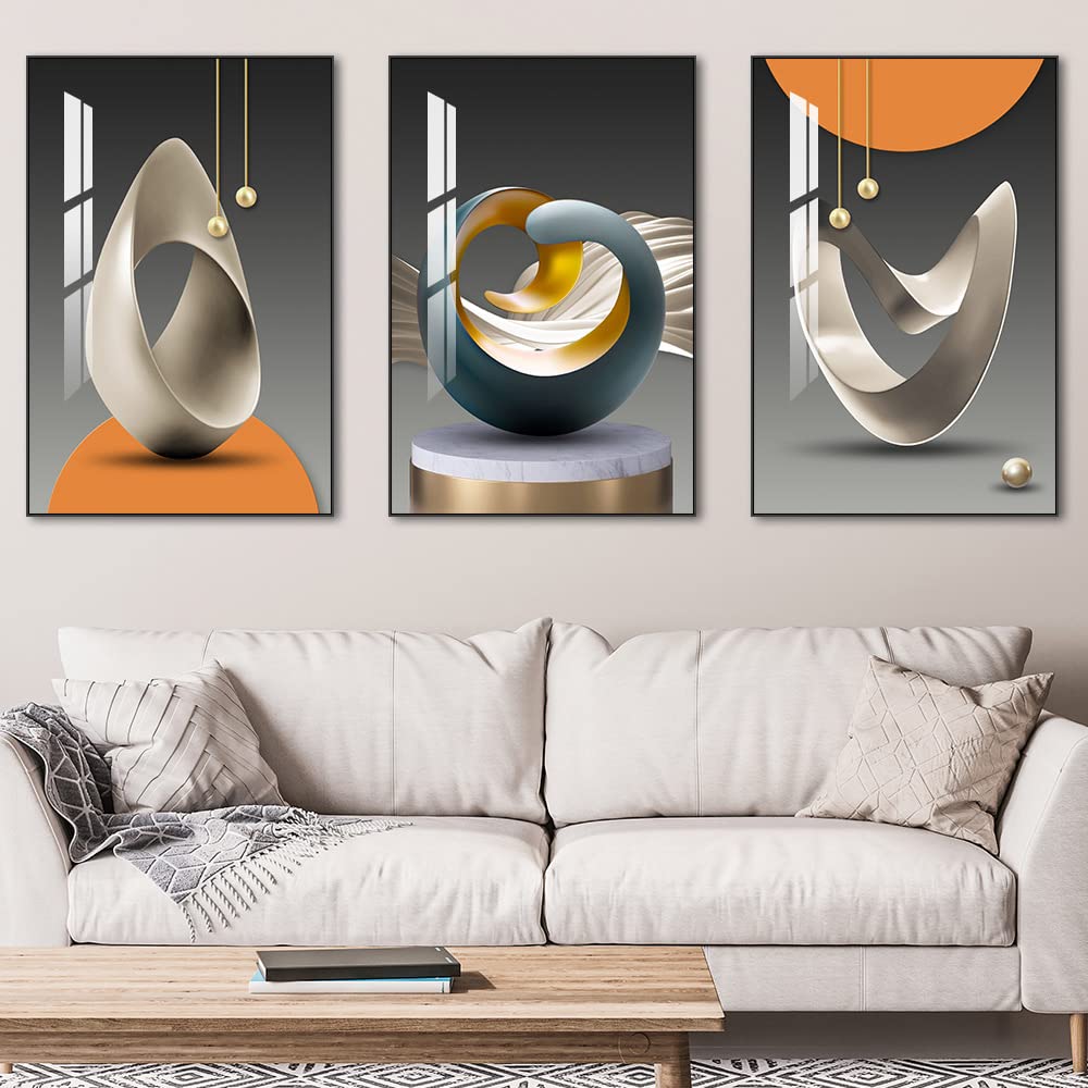 MPLONG Bright Style Large Framed Wall Art, Abstract Modern Art Shape Pattern White Blue Yellow Grey Wall Art Artfully Matching Living Room Bedroom Office Wall Decor - 24"x 32"x 3 Panels
