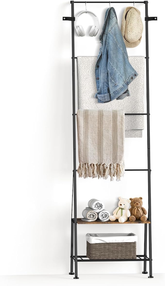 Blanket Ladder, 6-Tier Towel Holder with Shelf, Blanket Rack Freestanding, Ladder Shelf with Hooks for Towels Clothes Scarves, Standing Towel Rack for Bathroom Living Room Bedroom, Brown