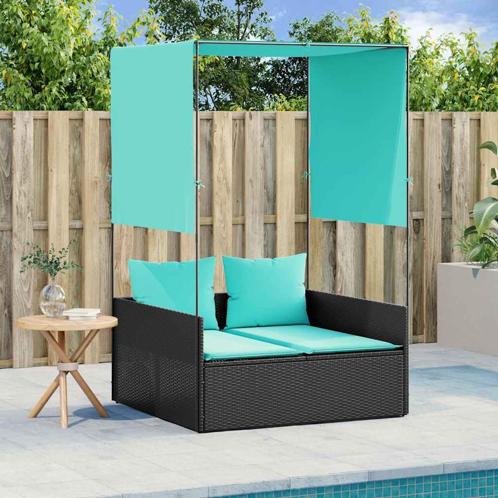 Roanoer Outdoor Double Chaise Lounge Set Black PE Rattan Patio Sofa with Retractable Canopy & Privacy Curtains 17 x 18.3 x 29 in Sunbathing Recliner for Garden Poolside Backyard