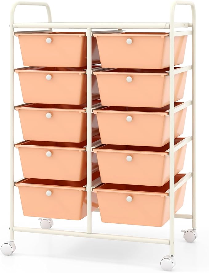 Giantex 10 Drawers Rolling Cart, Classroom Organizers, Storage Cart with Wheels, for Teacher Office Home School Supplies Tool Craft Art Paper, Peach Fuzz