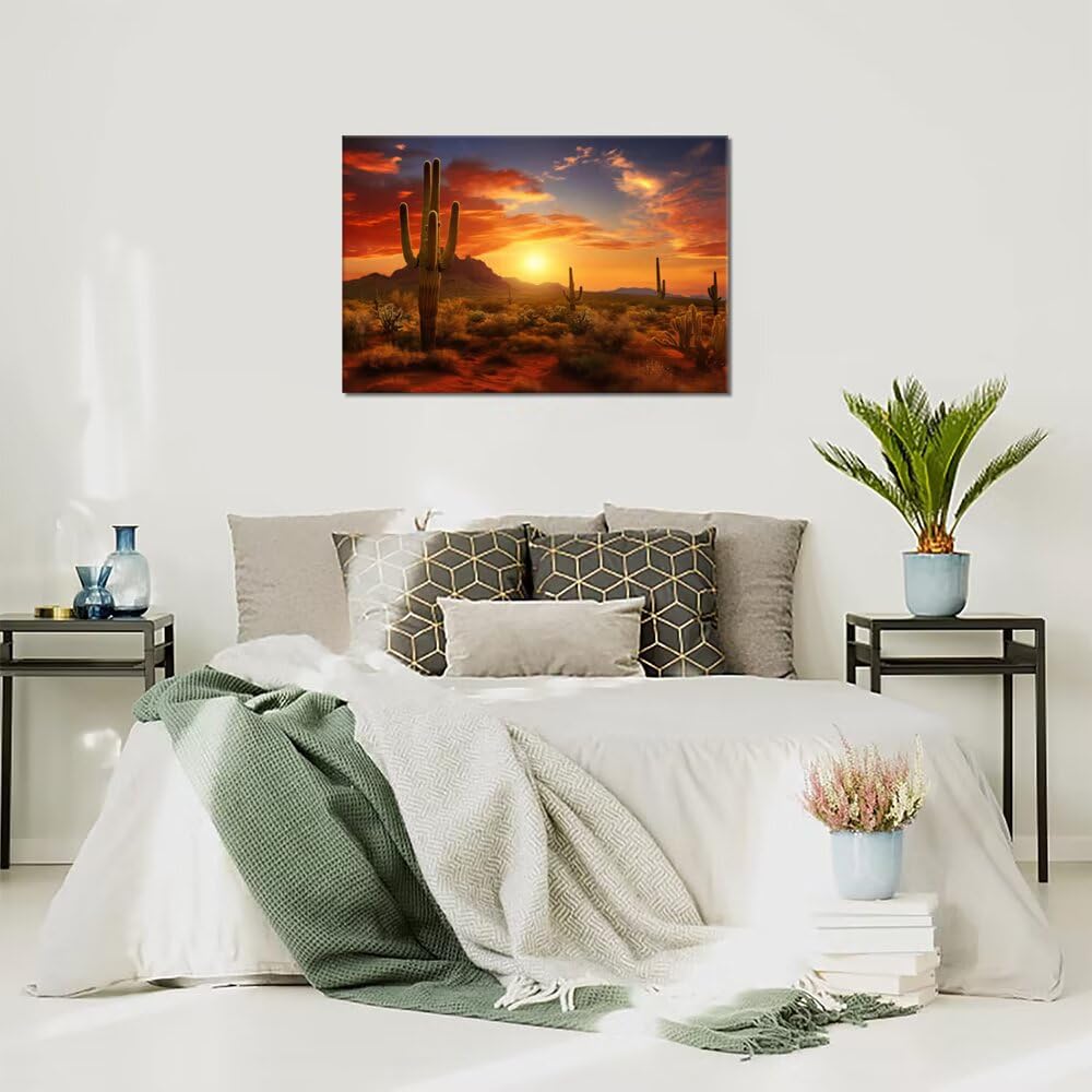 HJY Art Superstition Mountains Sunset Canvas Wall Art Arizona Western Desert Cactus Wall Decor Nature Landscape Pictures Wall Artworks Posters for Living Room Home Decorations (24''H x 36''W)